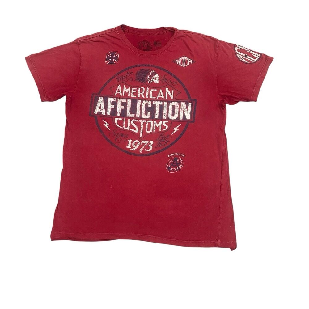 Affliction American Customs Motor Club T Shirt Distressed Red Size XL Rare